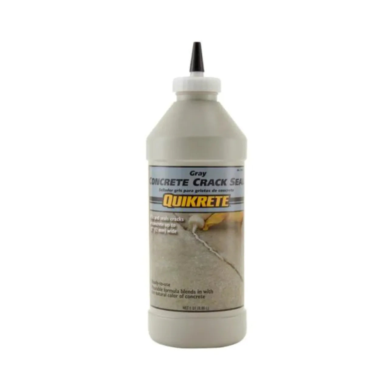 A 0.95 L (1 qt.) bottle of Go Build, The Fastest Way To Build Concrete Crack Sealant features a pointed nozzle for easy application and a label indicating its use for repairing and sealing cracks in concrete.